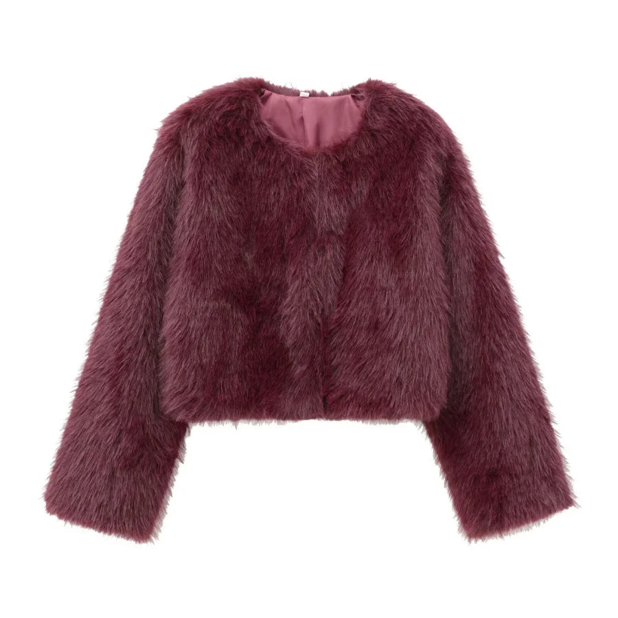 Faux fur jacket Traf 2024 Fall/Winter New Fashion Women's Faux Fur Effect Round Neck Long Sleeve Short Jacket