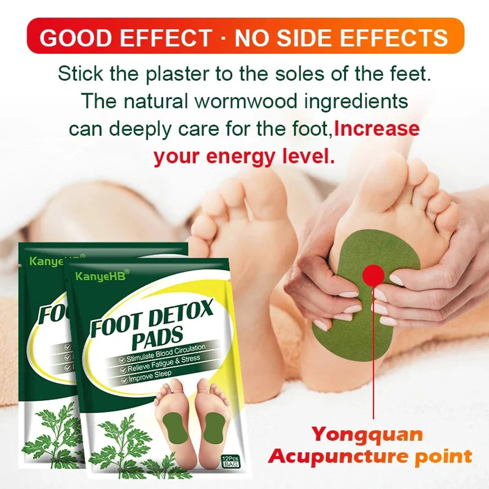 Detox foot patches with natural wormwood ingredients, enhance energy, improve circulation, relieve stress, and support sleep.