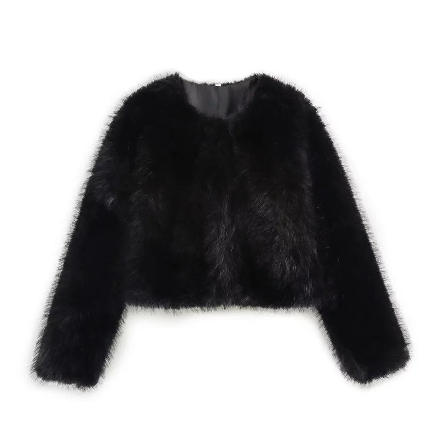 Faux fur jacket Traf 2024 Fall/Winter New Fashion Women's Faux Fur Effect Round Neck Long Sleeve Short Jacket