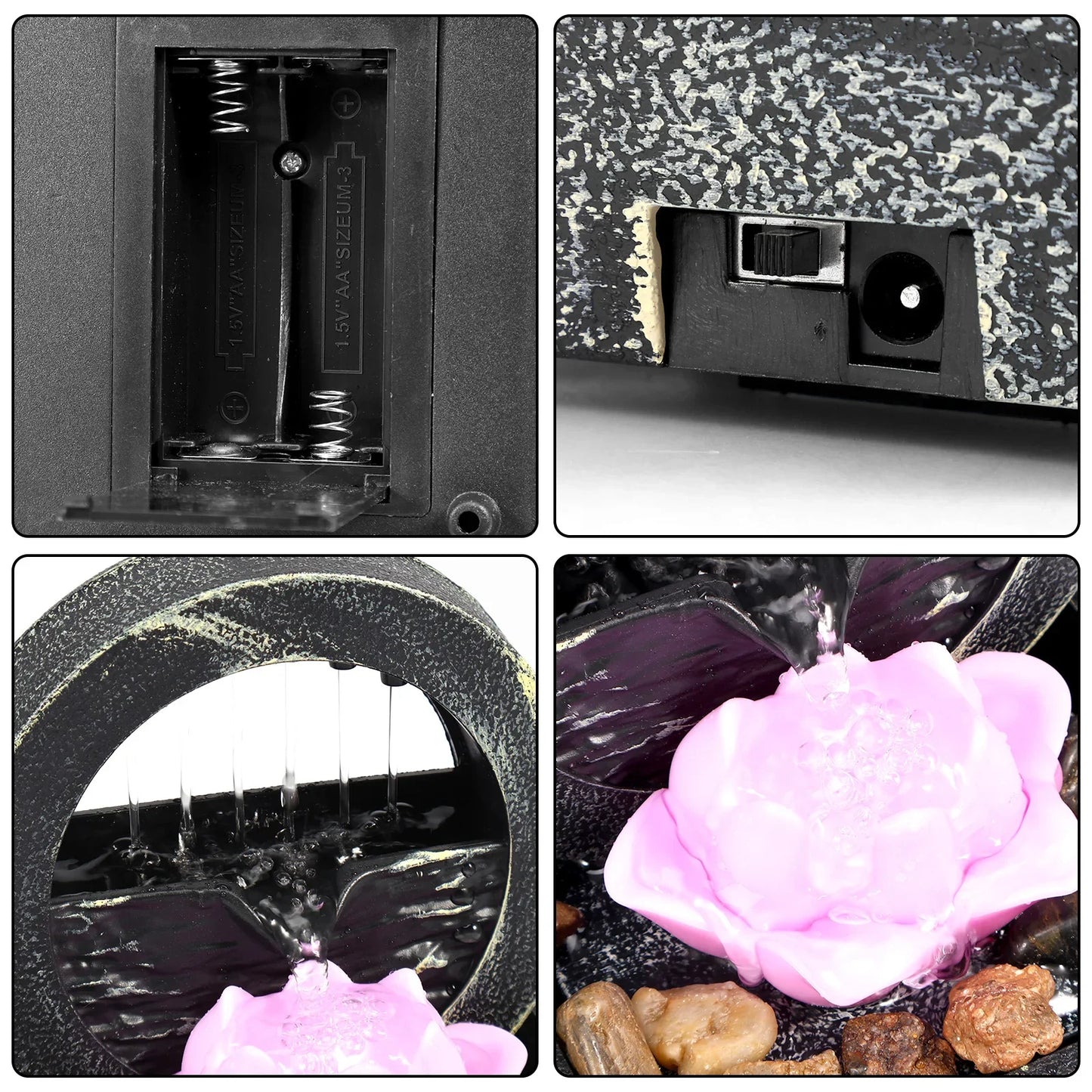 Mini indoor tabletop fountain with light, featuring a lotus flower design, USB/battery powered, ideal for relaxation and meditation.