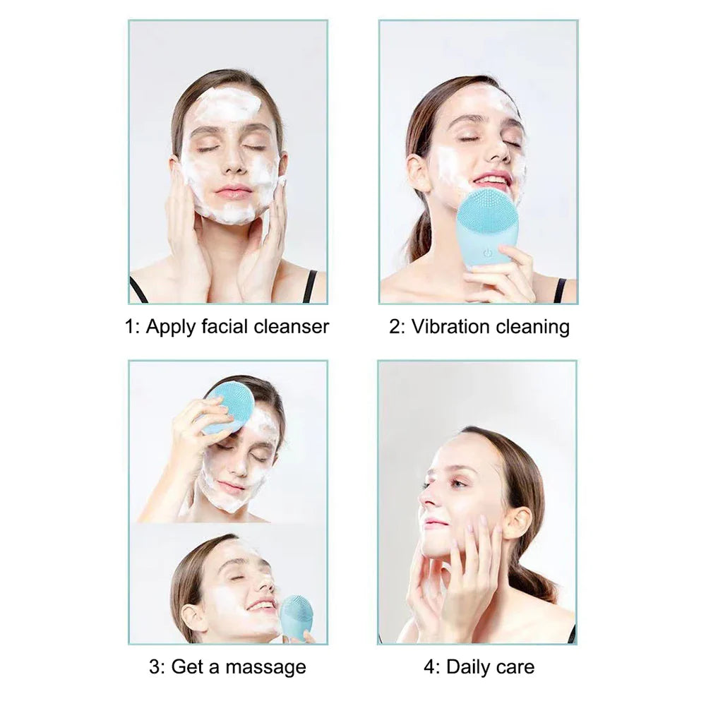 Four-step skincare routine using an electric facial cleansing brush for applying cleanser, vibration cleaning, massage, and daily care.