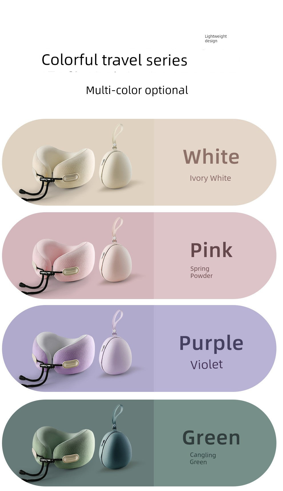 U-shaped travel pillow in multicolor options including ivory, pink, purple, and green.