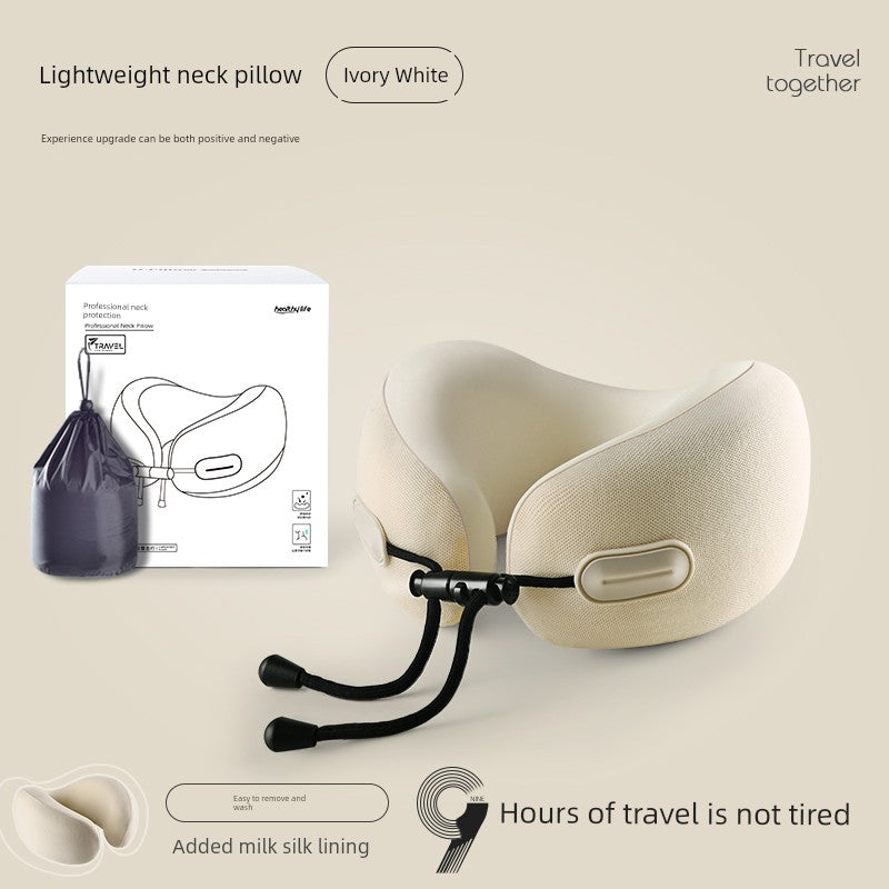 U-shaped travel pillow with memory cotton, ivory white, neck support for adults, retractable folding design.