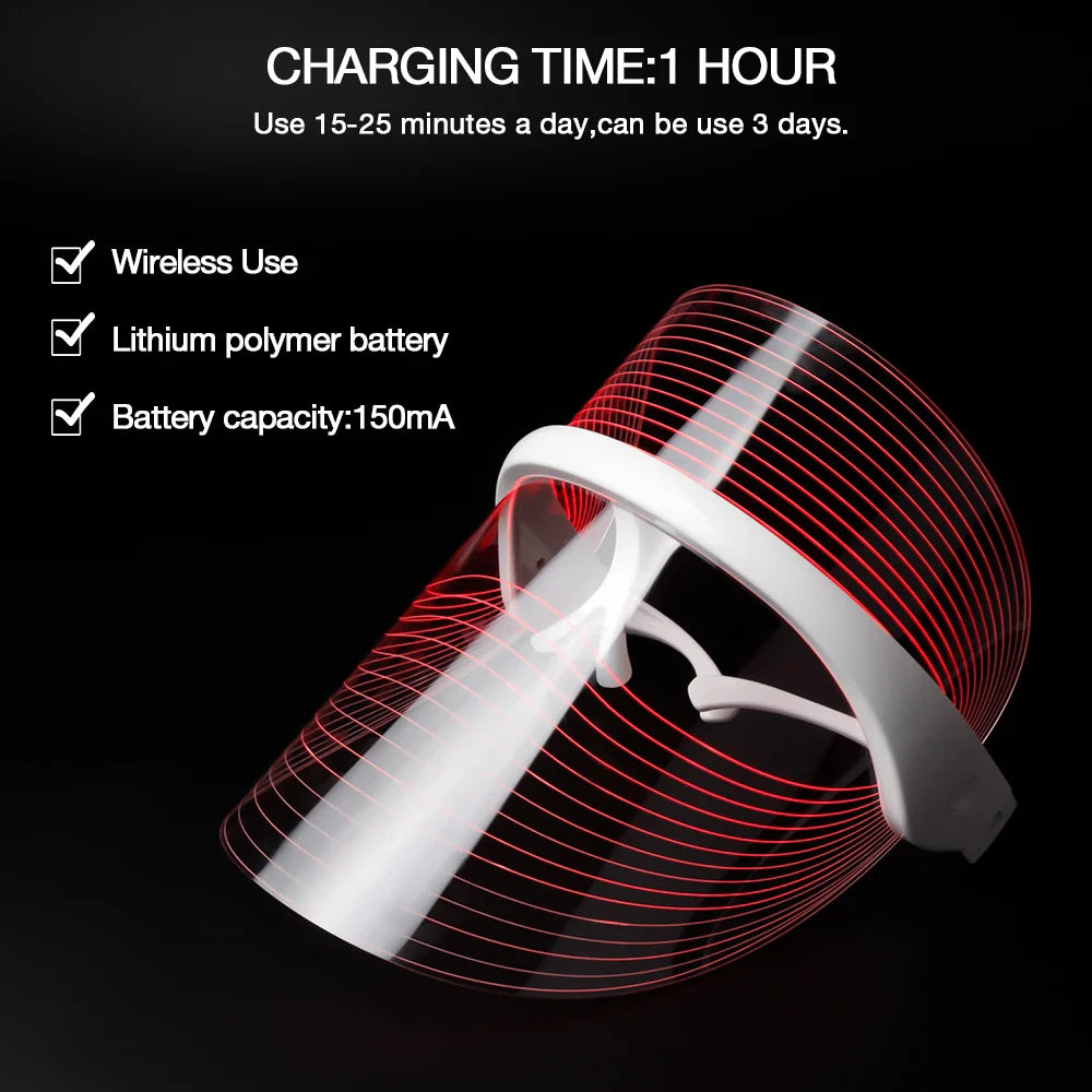 LED face mask with wireless use, lithium polymer battery, 150mA capacity, charging time 1 hour.