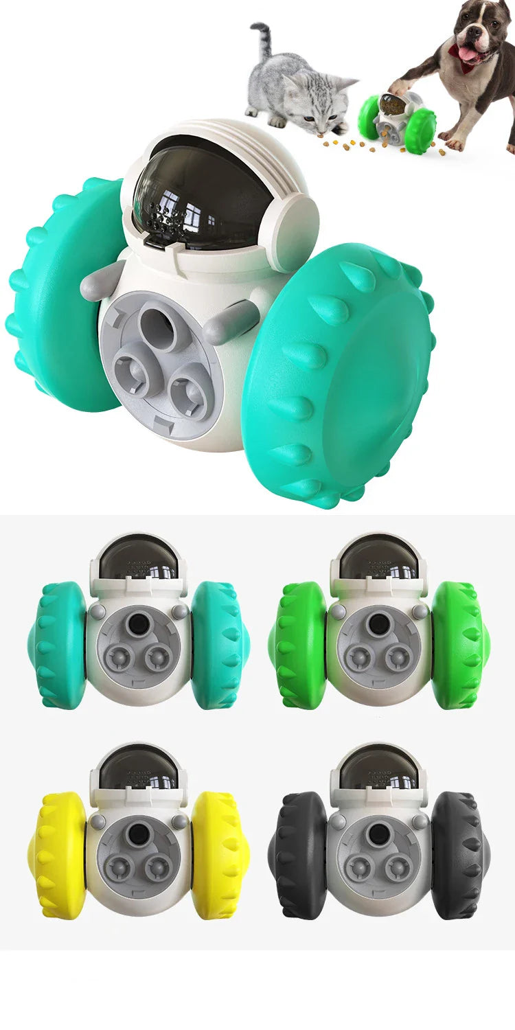 interactive treat dispensing dog toy with colorful wheels and pet images