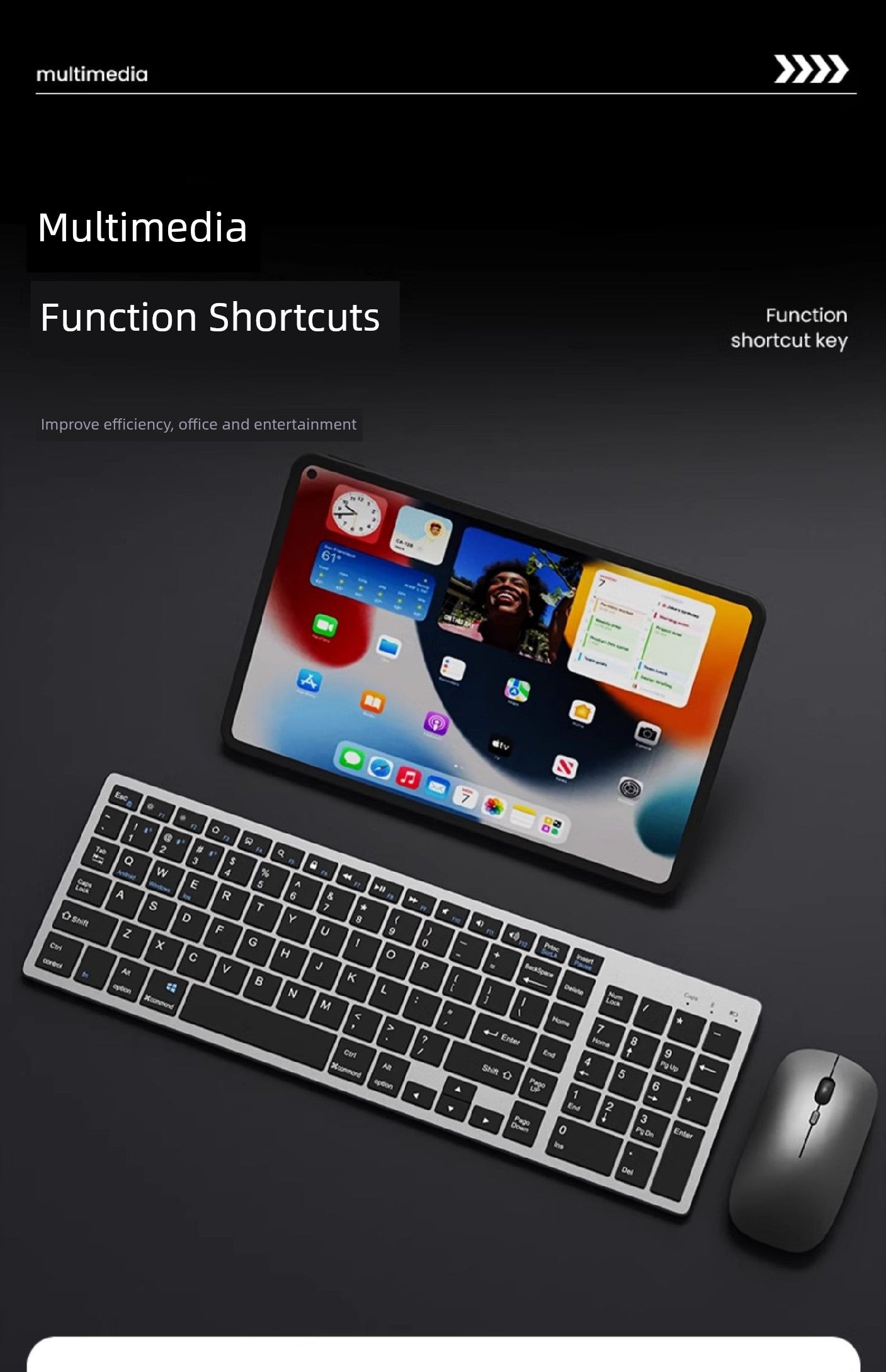 Wireless rechargeable keyboard with multimedia function keys and ergonomic design.