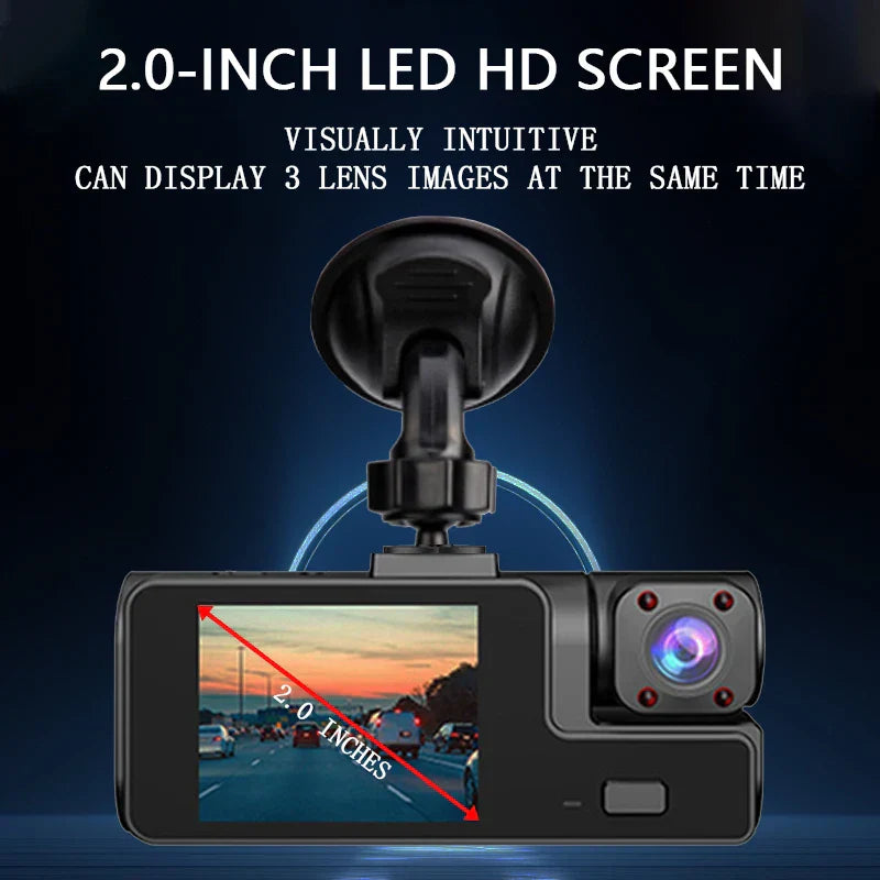 2.0-inch LED HD screen dash cam, intuitive 3-lens display.