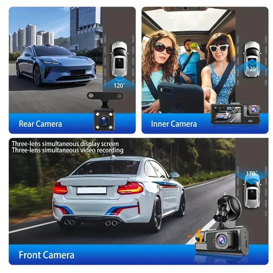 Three-lens dash cam setup with rear, inner, and front cameras for simultaneous video recording.