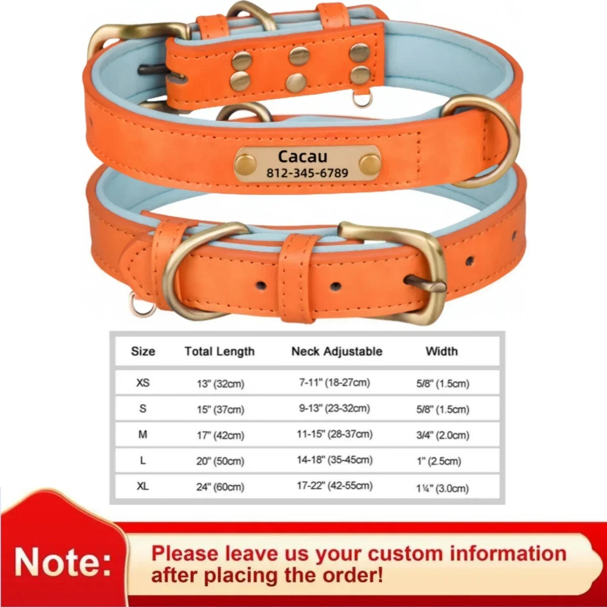 Personalized leather custom dog collar with ID tag, soft padded, adjustable, available in various sizes for small to large dogs.