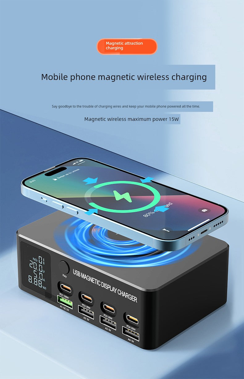 GaN fast charger with PD for mobile phones, featuring magnetic wireless charging and USB Type-C ports.