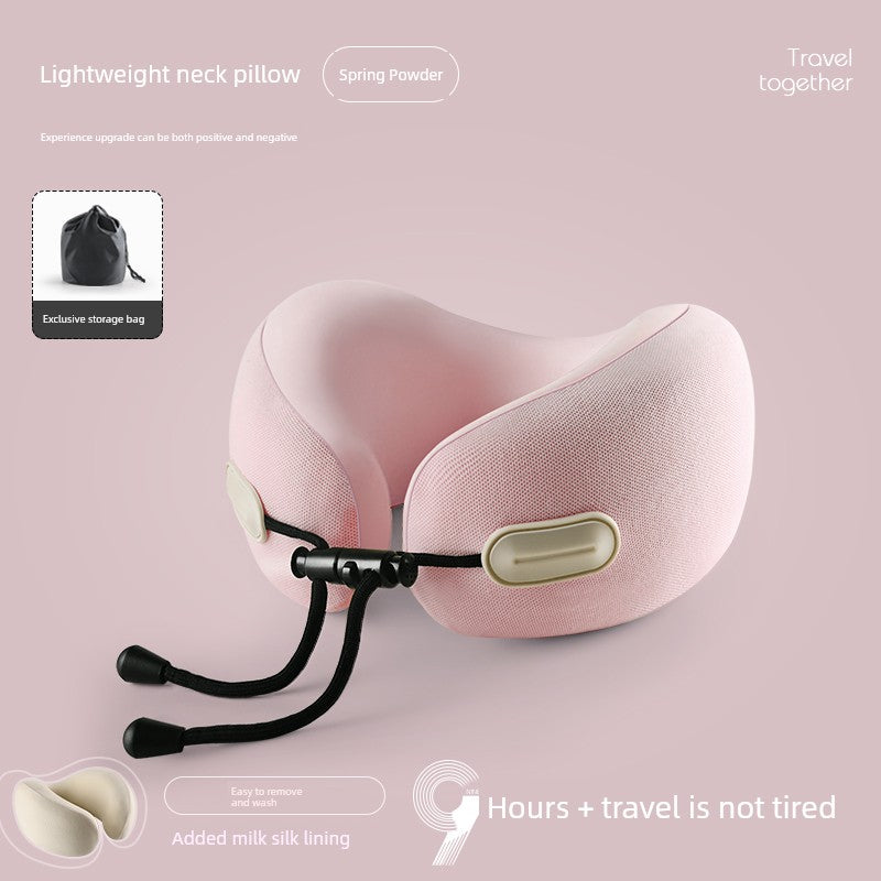 U-shaped travel pillow with memory cotton for neck support, retractable design, solid color.