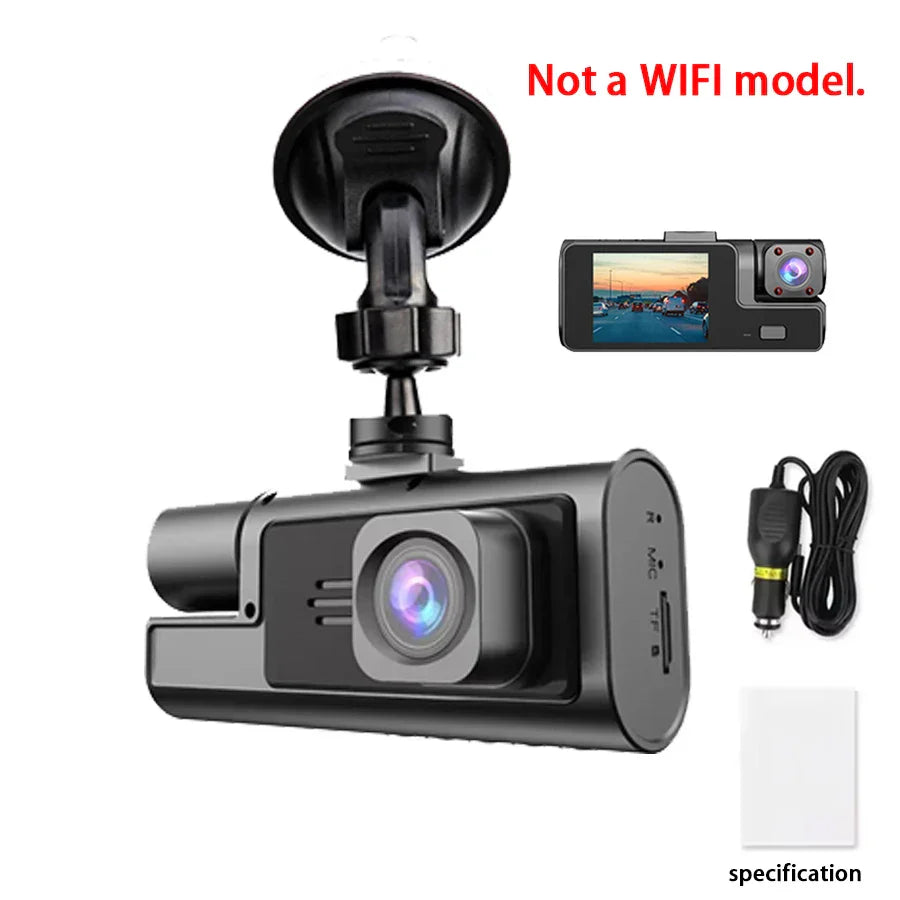 Dash cam with hidden assembly, two lenses, built-in battery, 1280x720 resolution, and night shot function.