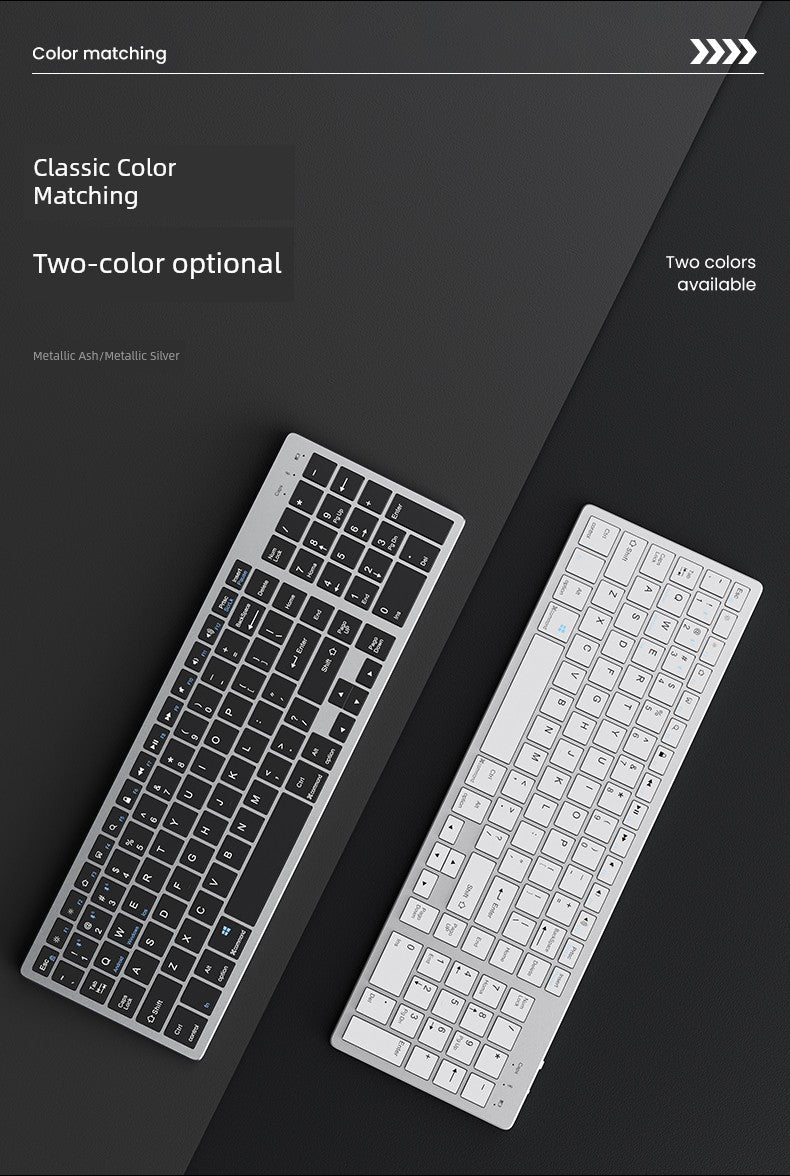 wireless rechargeable keyboard in two colors, black and white, with multimedia keys and ergonomic support