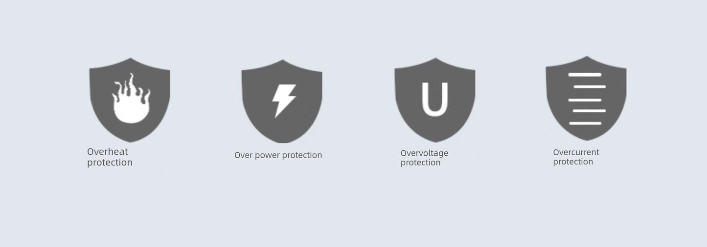 Overheat, over power, overvoltage, and overcurrent protection icons.