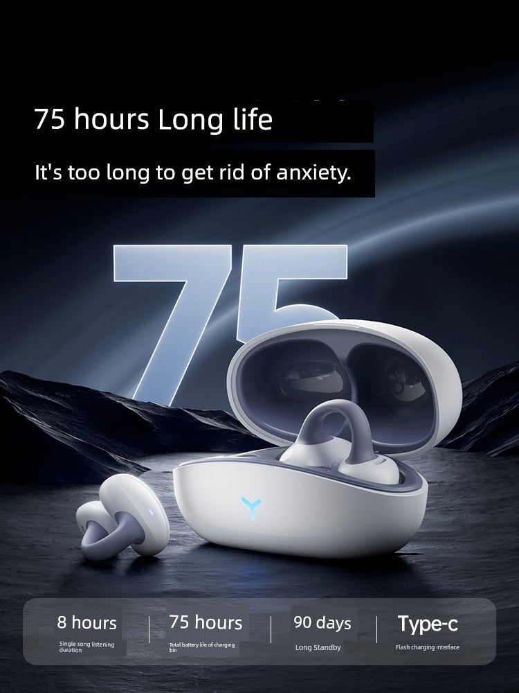 Bone conduction Bluetooth headset with 75-hour battery life and earbud case, featuring ergonomic design for anxiety-free listening.