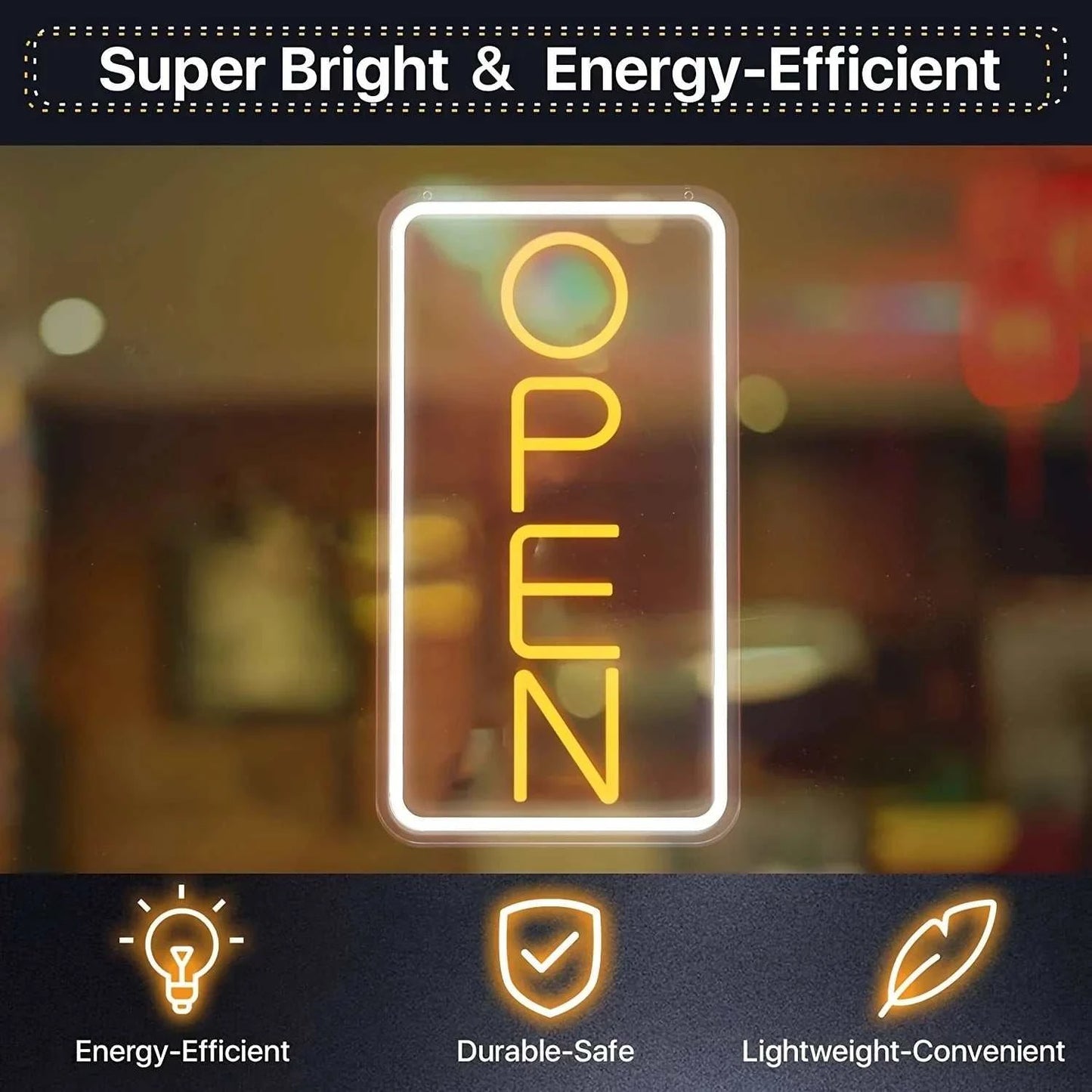 Vertical open neon sign in yellow, energy-efficient and lightweight, ideal for cafes, bars, and restaurants.