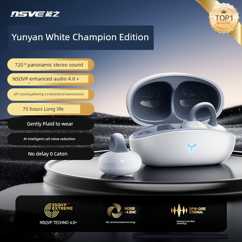 Bone conduction Bluetooth headset with ear-hook design, bilateral stereo, and 10m transmission radius from nSVE.