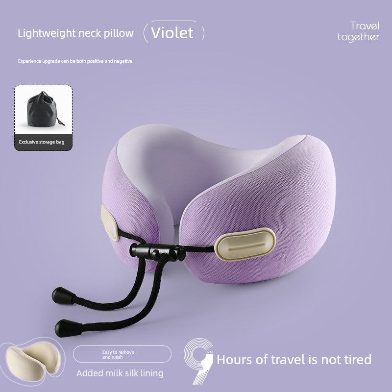 Violet U-shaped travel pillow with memory foam, designed for neck support, featuring a retractable folding function and solid color polyester fiber material.