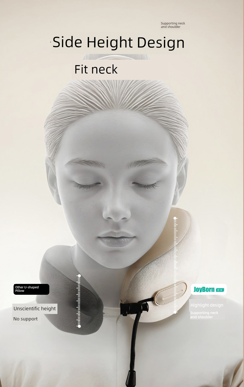 U-shaped travel pillow with side height design for neck support, JoyBorn brand.