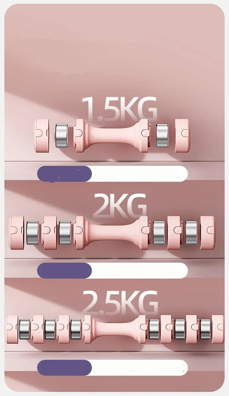Adjustable dumbbells with 1.5kg, 2kg, and 2.5kg weight options in pink.