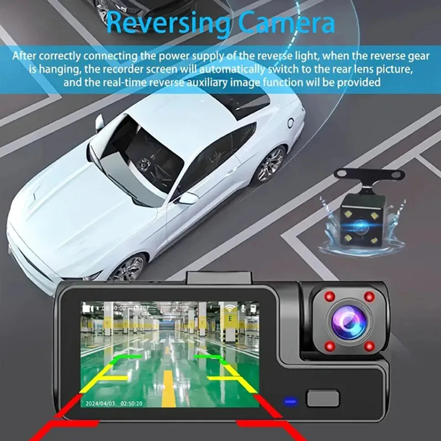 Car dash cam with reversing camera function displaying real-time road conditions and rear lens view.