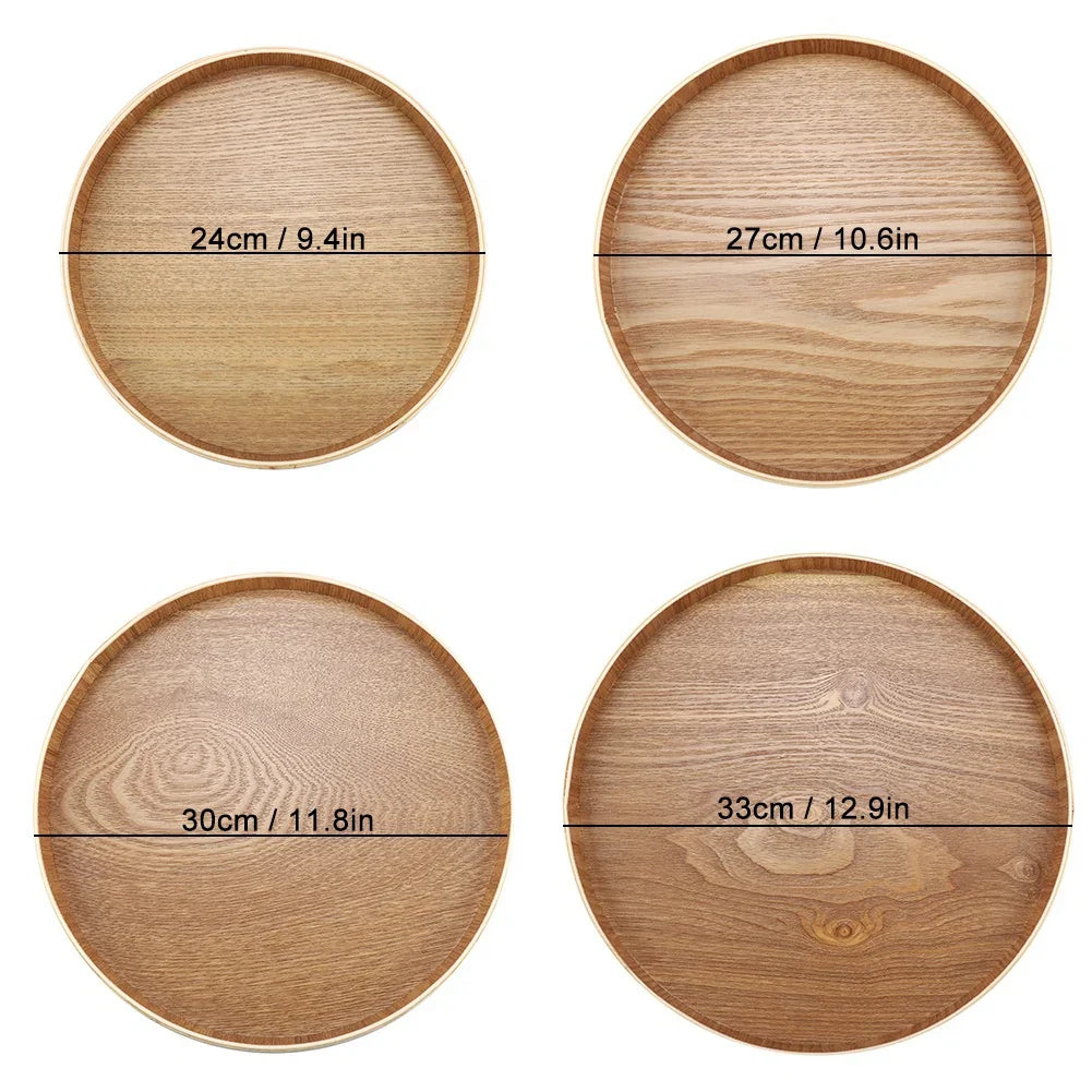 Wooden serving tray set in round design with different sizes labeled: 24cm, 27cm, 30cm, and 33cm.