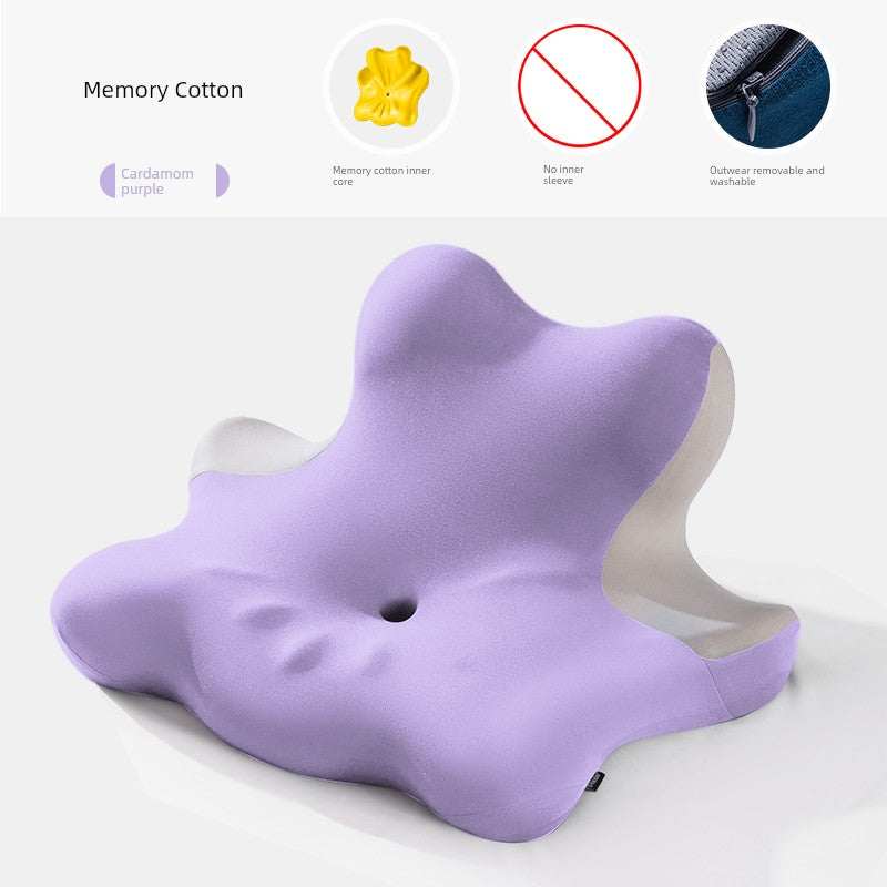 Cervical support neck pillow in purple memory foam with ergonomic shape for optimal comfort and support.
