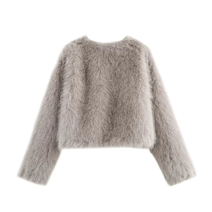 Faux fur jacket Traf 2024 Fall/Winter New Fashion Women's Faux Fur Effect Round Neck Long Sleeve Short Jacket