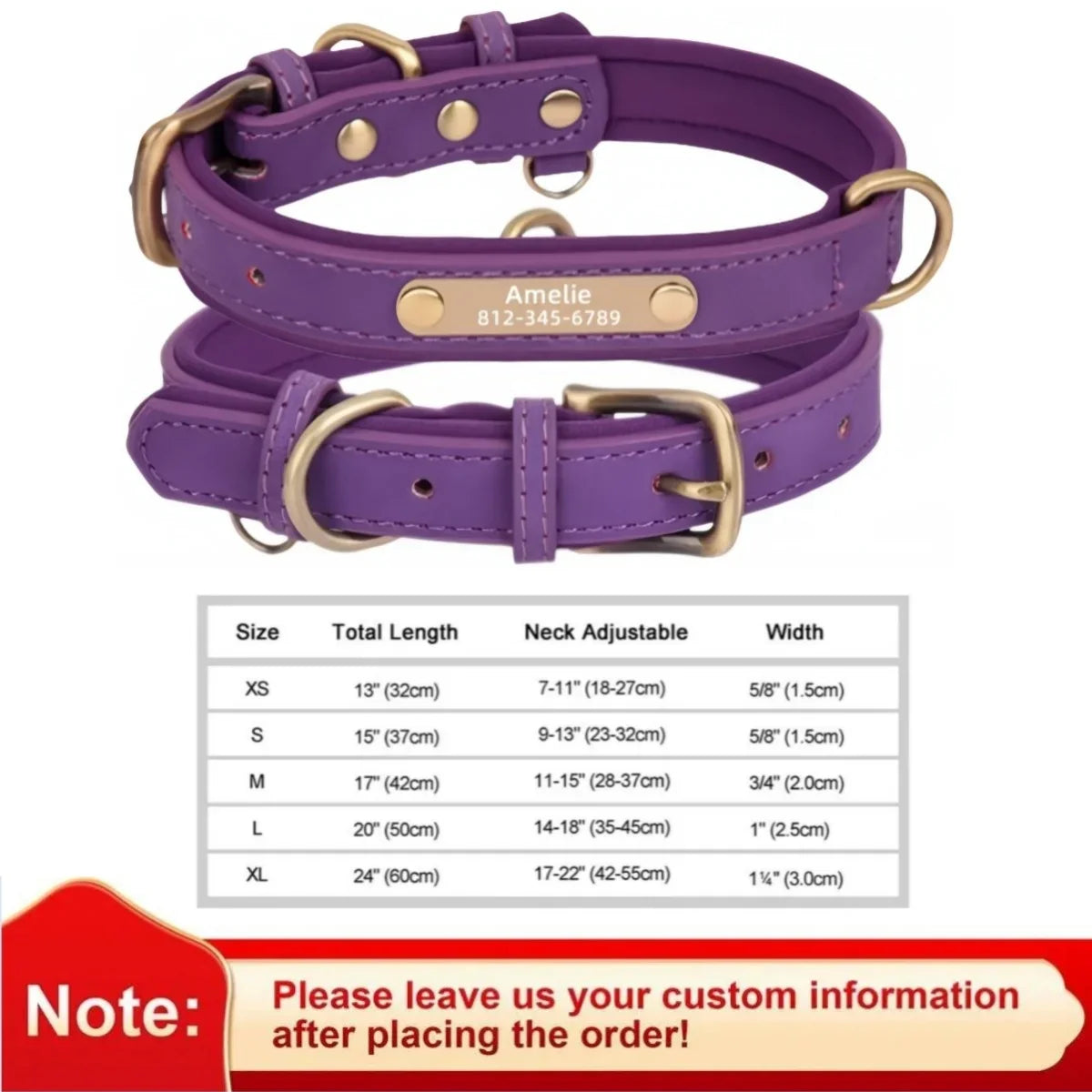 Personalized leather custom dog collar in purple with ID tag.