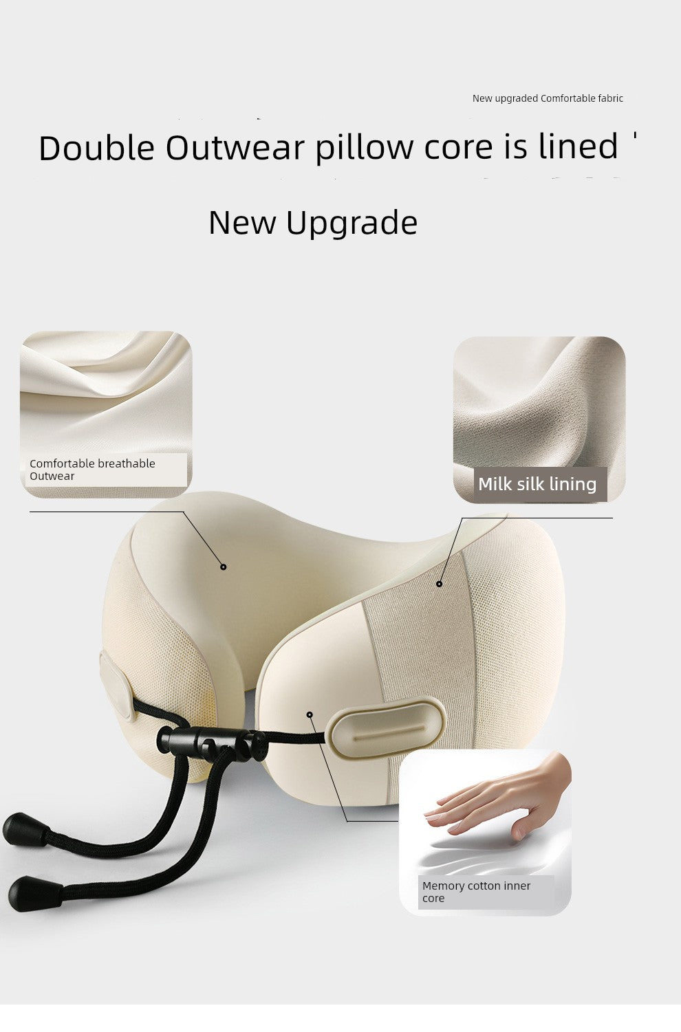 U-shaped travel pillow with memory cotton and retractable folding design, ideal for aircraft use, featuring a comfortable breathable cover and milk silk lining.