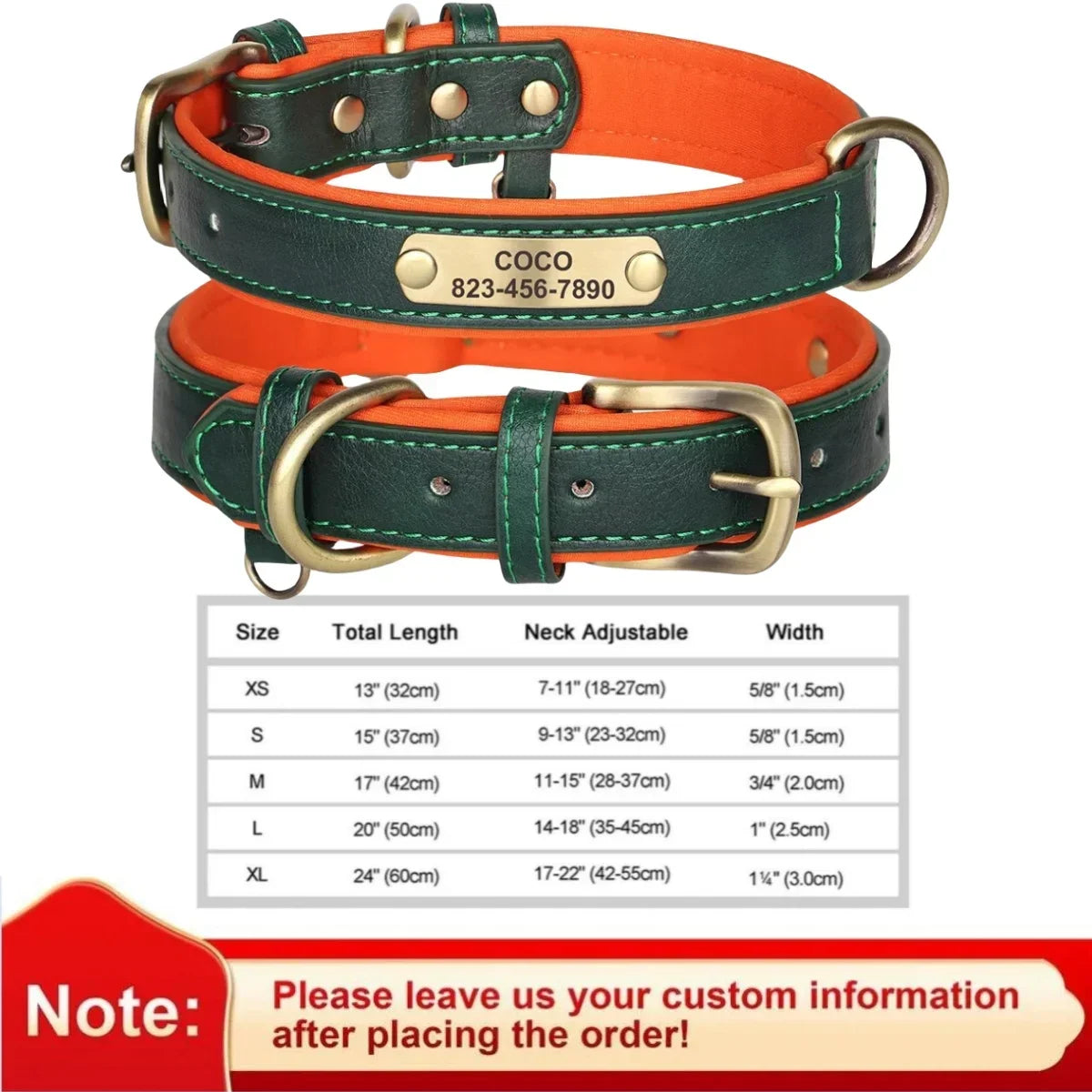 Personalized leather custom dog collar with soft padding, adjustable fit, and ID tag for small to large dogs.