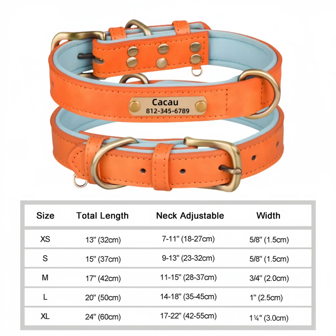Personalized leather dog collar with customizable ID tag, adjustable for various sizes.
