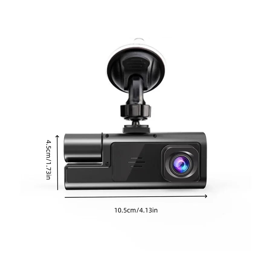 Compact dash cam with dual lenses, suction mount, and built-in battery for clear 720p recording.