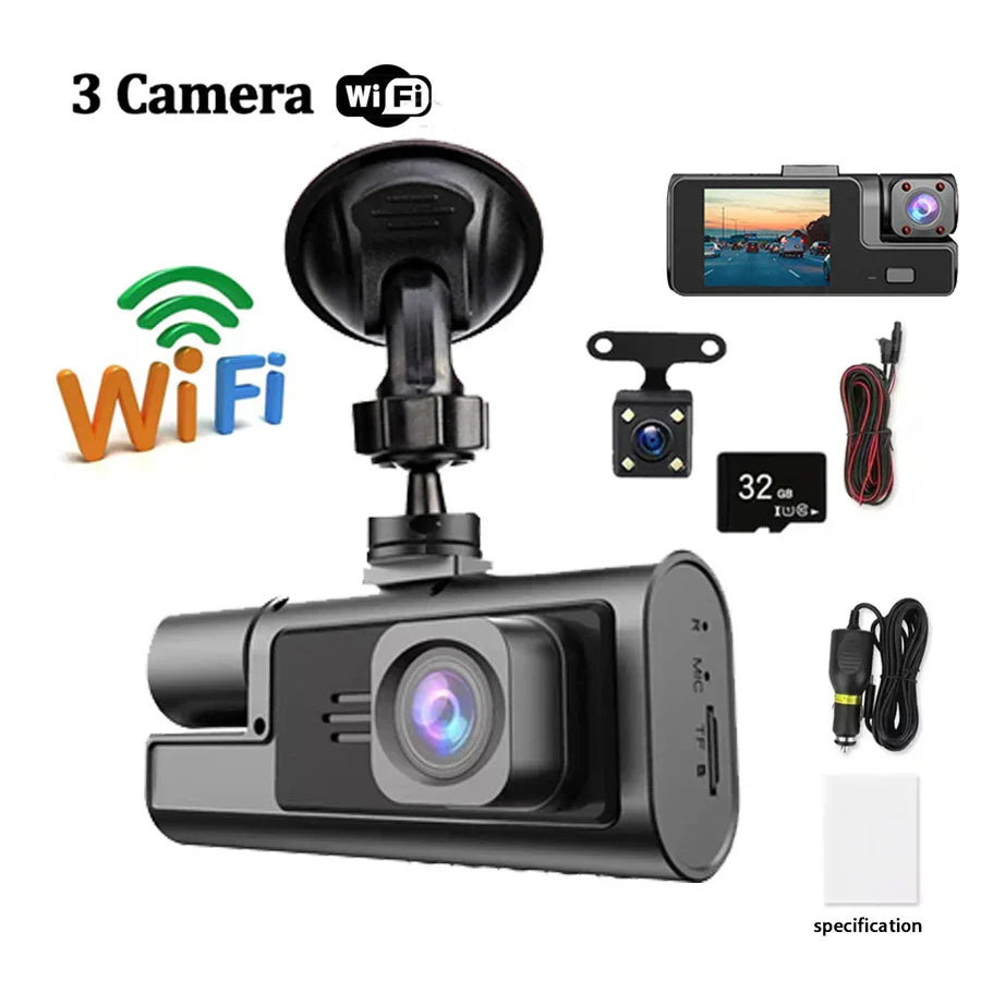 Three-camera WiFi dash cam with accessories, power cord, 32GB memory card, and rear camera.