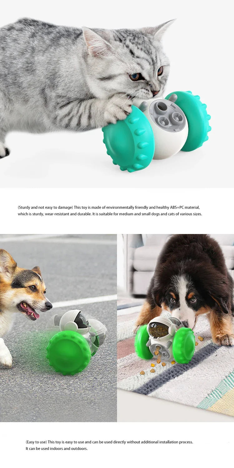 Interactive treat dispensing dog toy with durable green wheels for pets.