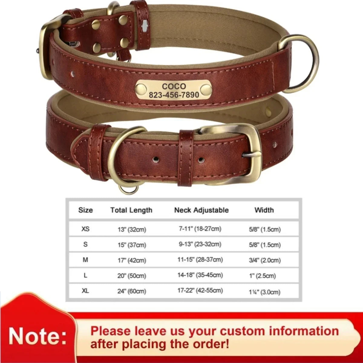 Personalized leather dog collar with ID tag, adjustable for all sizes, featuring name and phone number engraving.