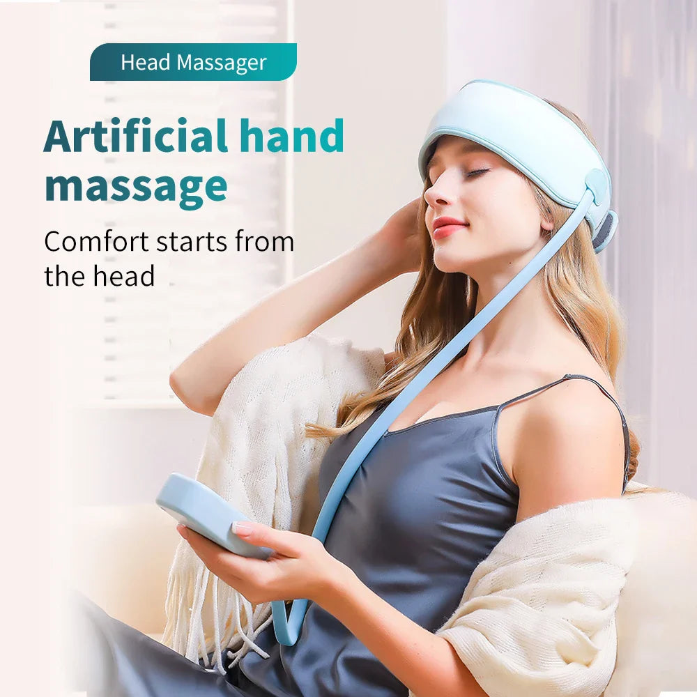 Electric head massager providing relaxation and comfort, featuring adjustable strap and sleek design.