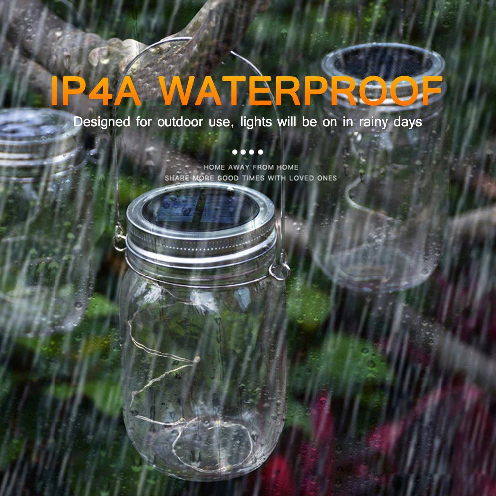 IP4A waterproof solar mason jar lights designed for outdoor use in rainy weather.