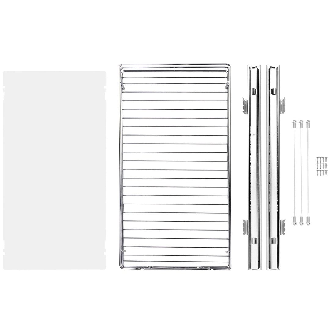 Modern pull-out cabinet organizer with multiple compartments for kitchen storage.