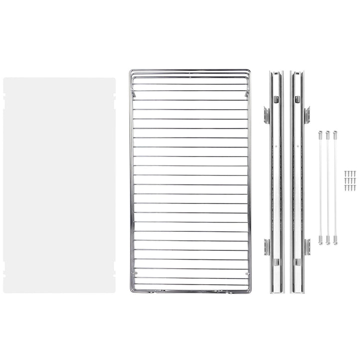 Modern pull-out cabinet organizer with multiple compartments for kitchen storage.