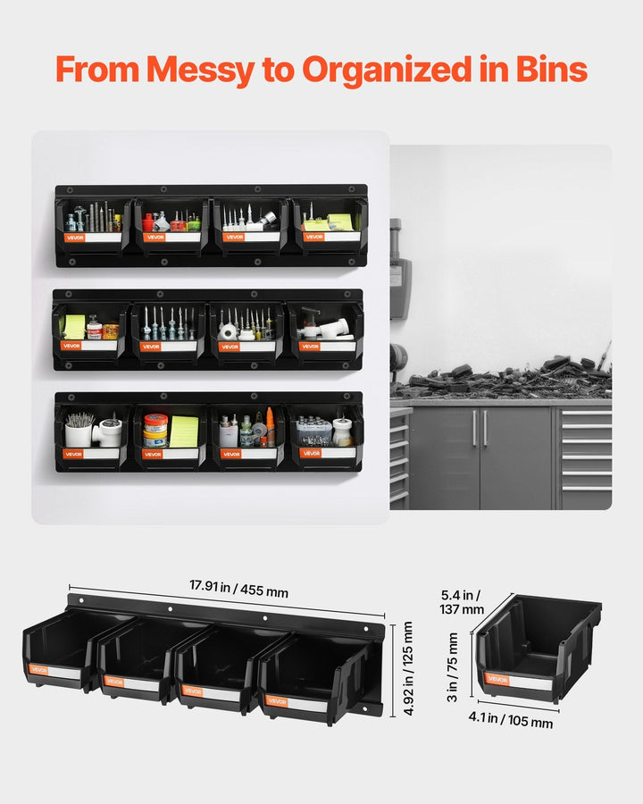 Wall mounted storage bins on pegboard in garage for organizing small tools and parts