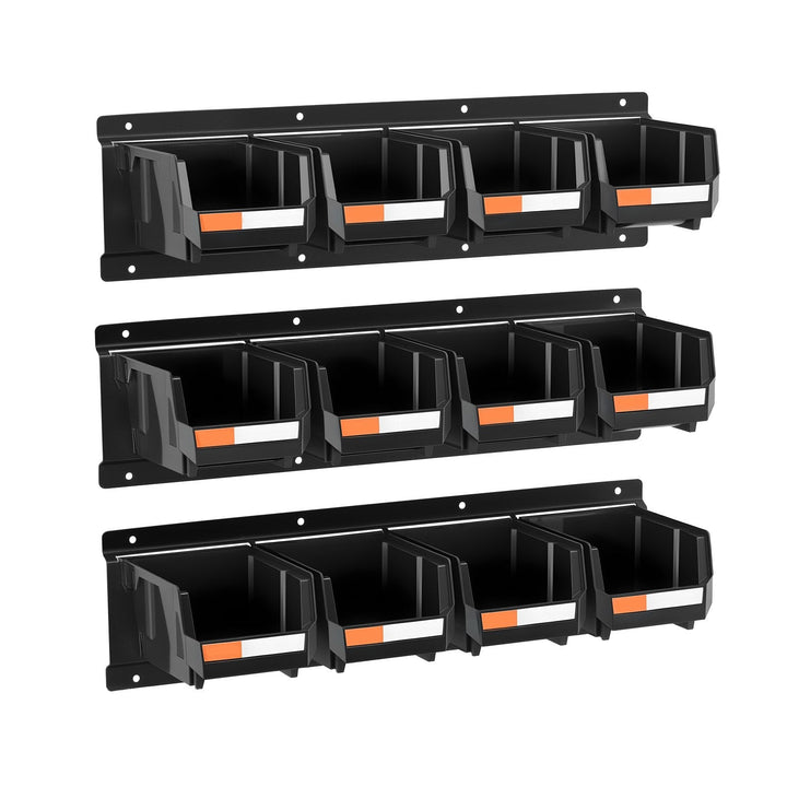 Wall mounted storage bins with label stickers and reinforced steel, ideal for garage and workshop organization