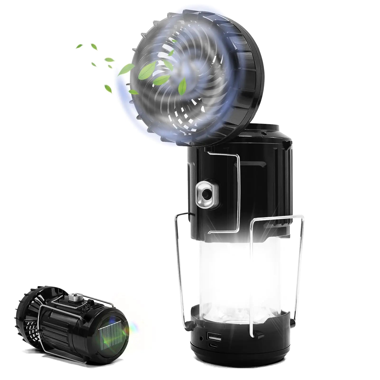Solar powered camping fan with collapsible lantern, USB rechargeable, battery powered, compact and portable for outdoor and emergency use