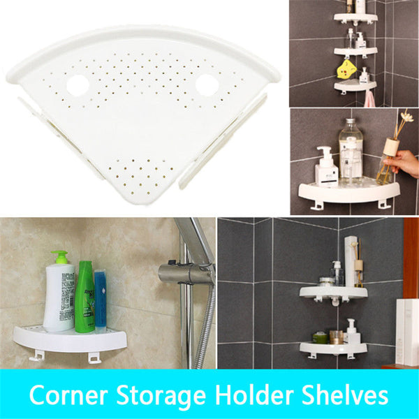 Bathroom corner shelf organizer with hooks, white plastic, easy no-drill installation, corner space-saving design with drainage holes.