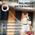 white hands free retractable dog leash with ergonomic handle and reflective strap for small to large dogs