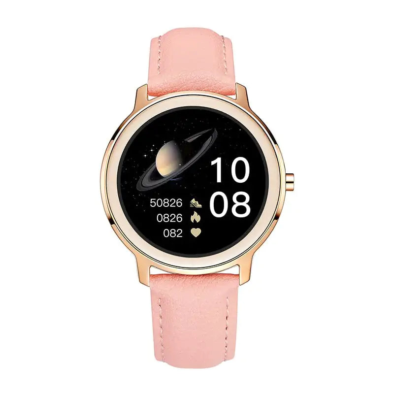 Smart watch with heart rate monitoring and pink silicone wristband displaying time and fitness data
