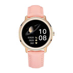 Smart watch with heart rate monitoring and pink silicone wristband displaying time and fitness data