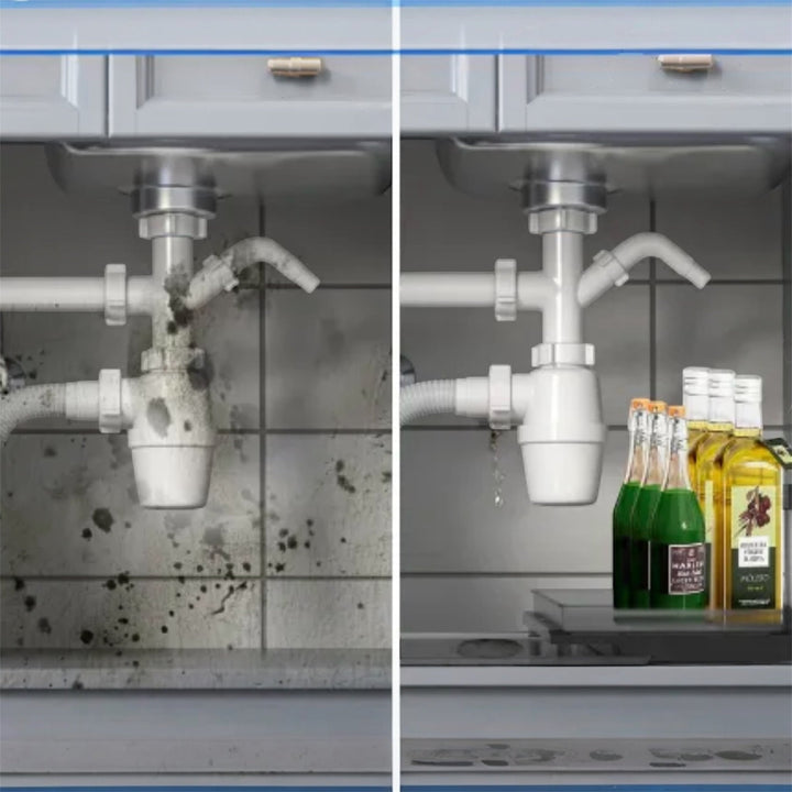 Premium 2-tier under sink organizer with L-shaped design, smooth pull-out drawer, rustproof stainless steel, and tool-free installation