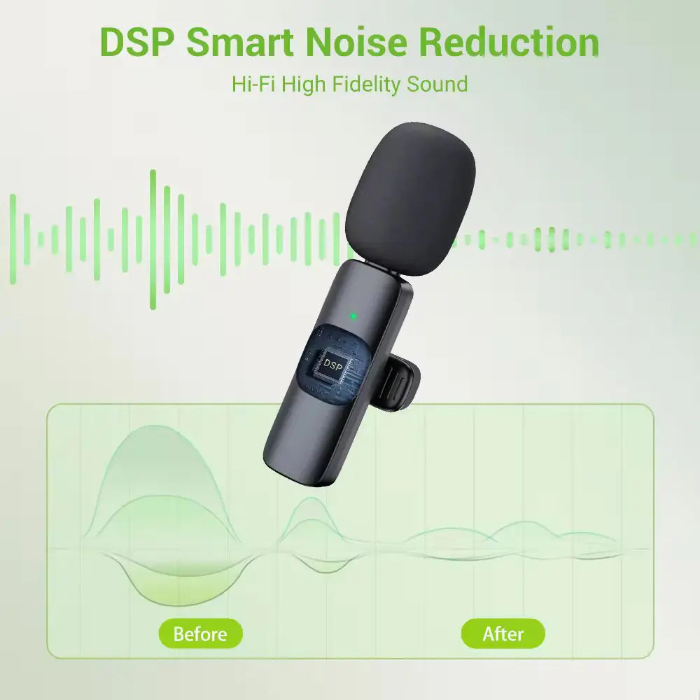 Wireless stereo lavalier microphone with DSP noise reduction for hi-fi sound recording