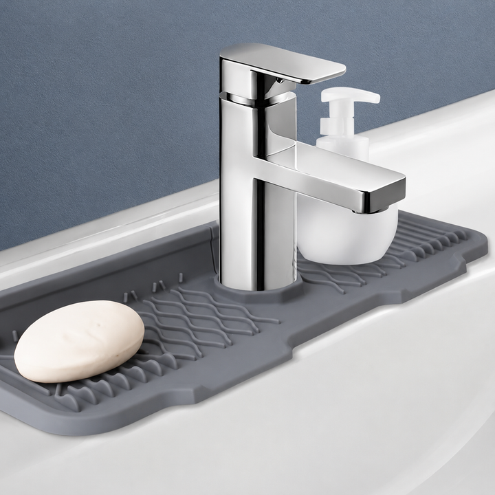 Gray silicone sink drain mat and faucet water catcher tray